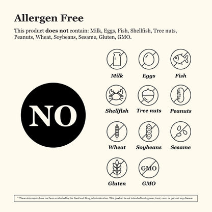 allergen free, this product does not contain, milk, eggs, fish, shellfish, tree nuts, peanuts, wheat, soybeans, sesame, gluten, GMO.