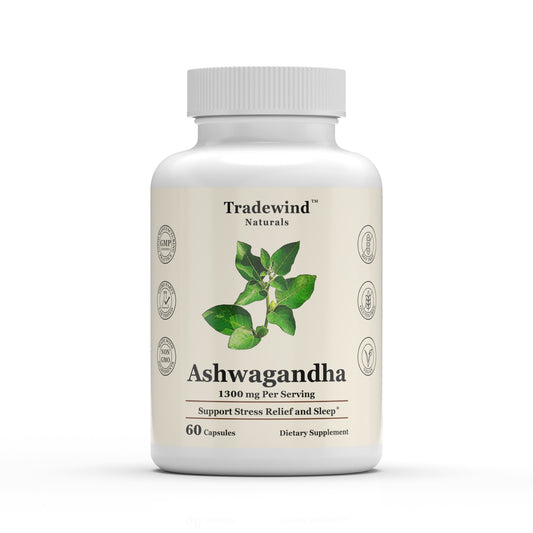 image of tradewind naturals ashwagandha with black pepper, better absorption, 1300mg per serving, 60 counts, 30 servings