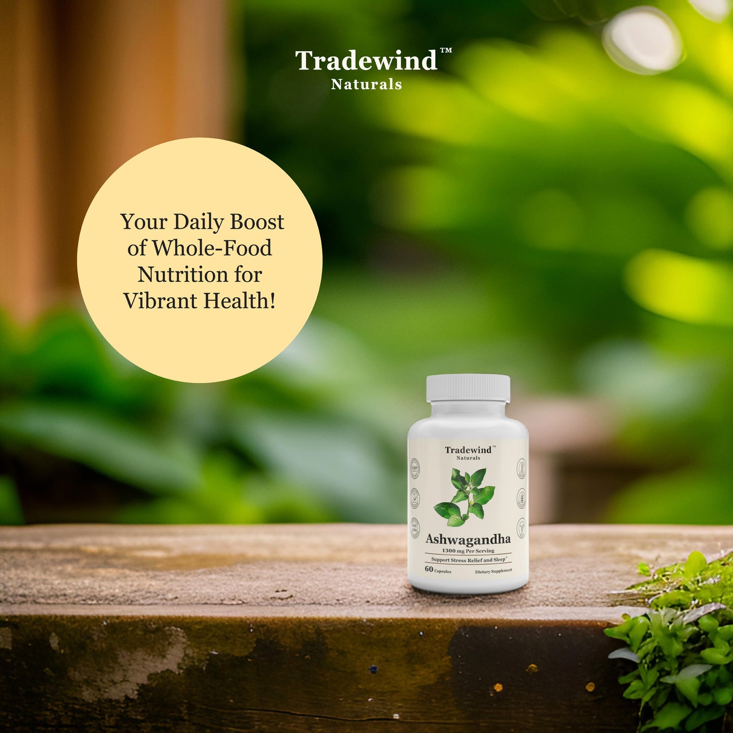 image of tradewind naturals ashwagandha supplement, your daily boost of whole-food nutrition for vibrant health!