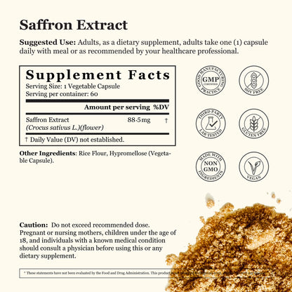 supplement facts, saffron extract, serving size 1 vegetable capsule, serving per container 60, amount per serving 88.5mg.