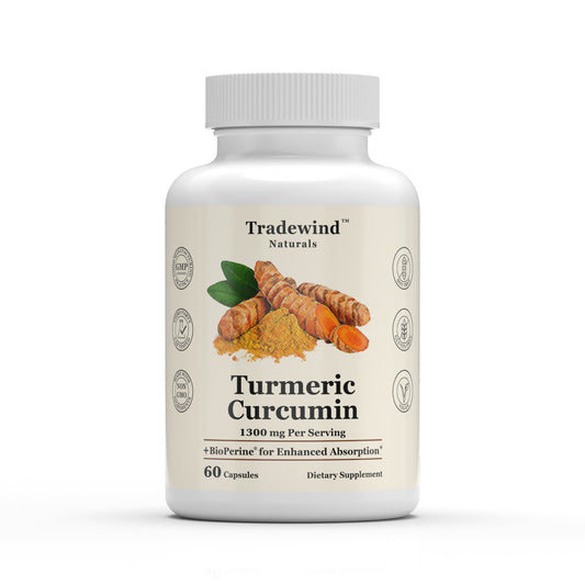 image of tradewind naturals turmeric curcumin  with BioPerine, enhanced absorption, 1300mg per serving, 60 counts, 30 servings