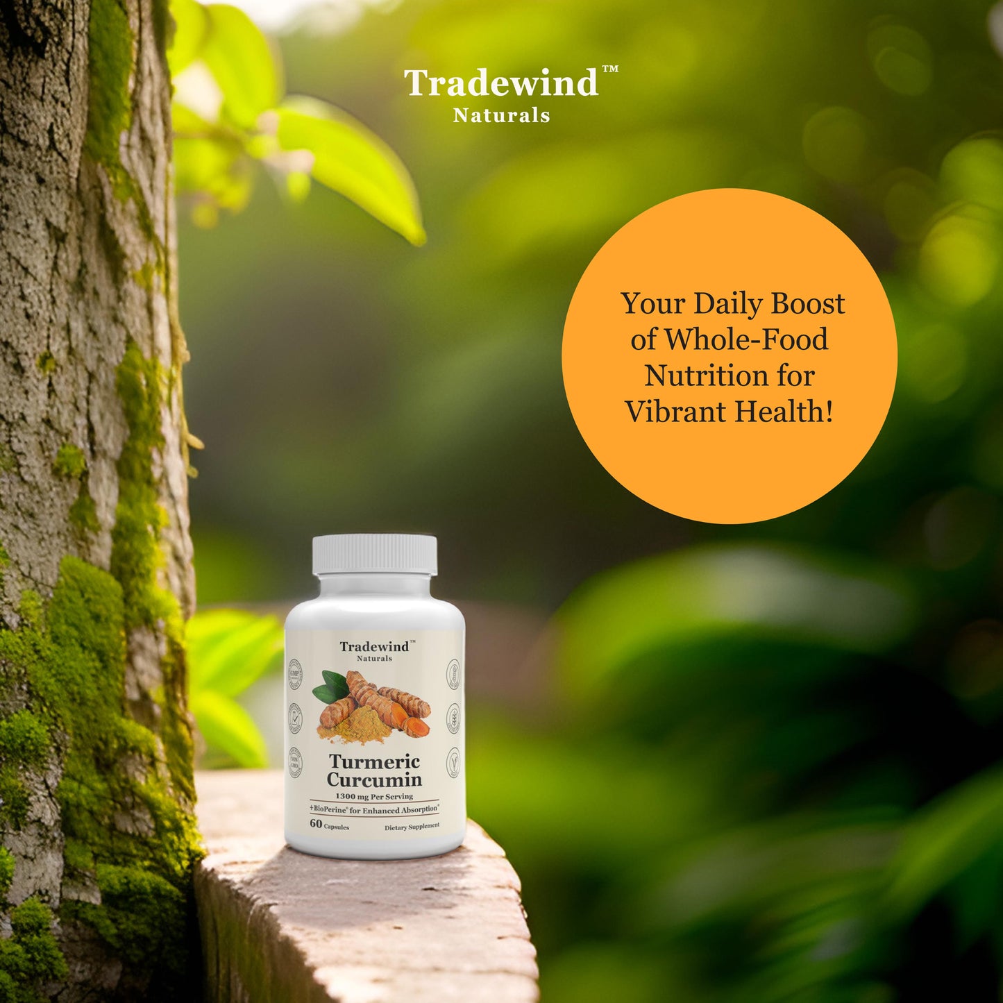 image of tradewind naturals turmeric curcumin supplement, your daily boost of whole-food nutrition for vibrant health!